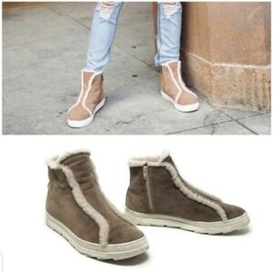 Joyks Suede Shearling Lined Hi Top Sneaker Boot EU 41 Taupe & Cream